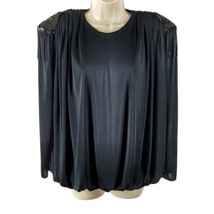 Abby Kent Vintage Black Women's Blouse with Epaulette Fringe Accents